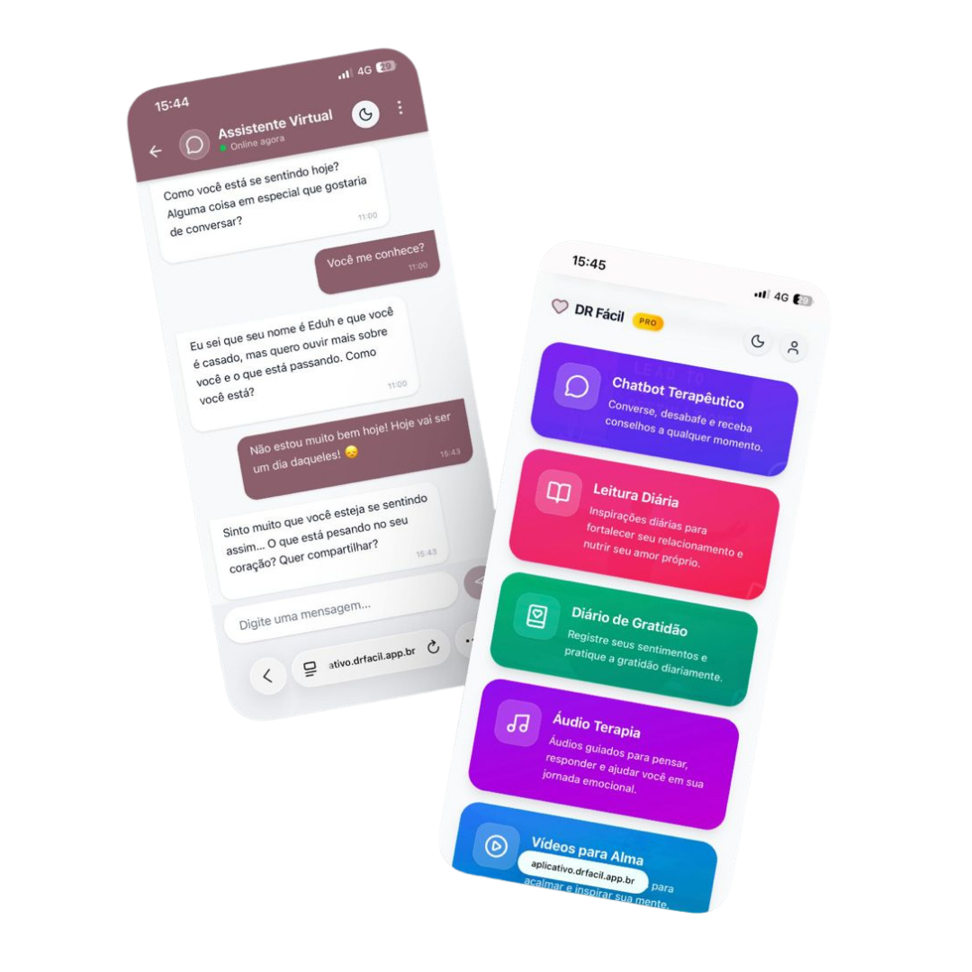 Telas do app DR Fácil — Chat e Menu principal